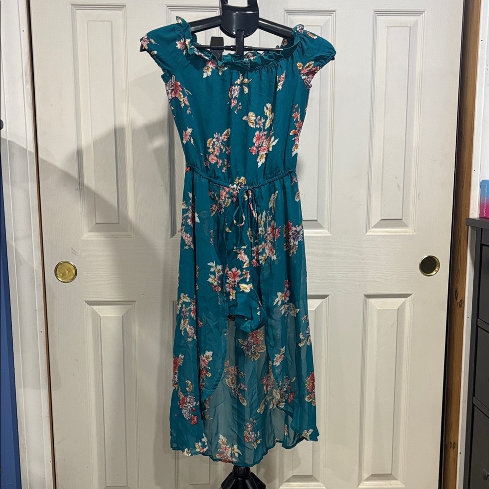 BeBop Teal Floral Off-Shoulder Romper Dress